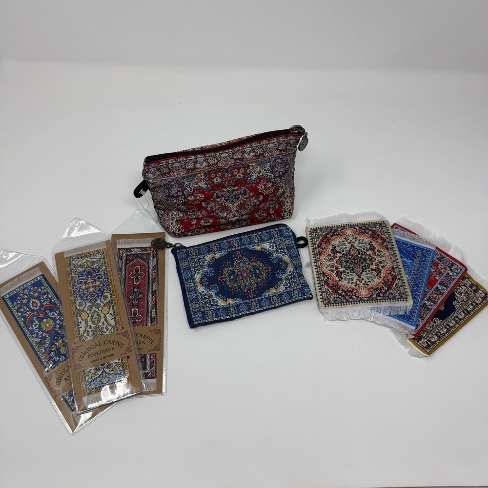 Oriental rug carpet make up totes, bookmarks and drink coasters NEW